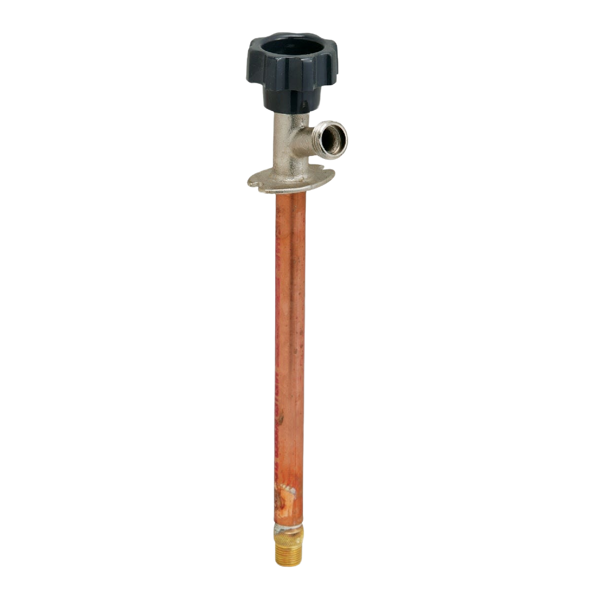 Frost-free outdoor wall hydrant with copper pipe and black handle for home improvement and plumbing projects