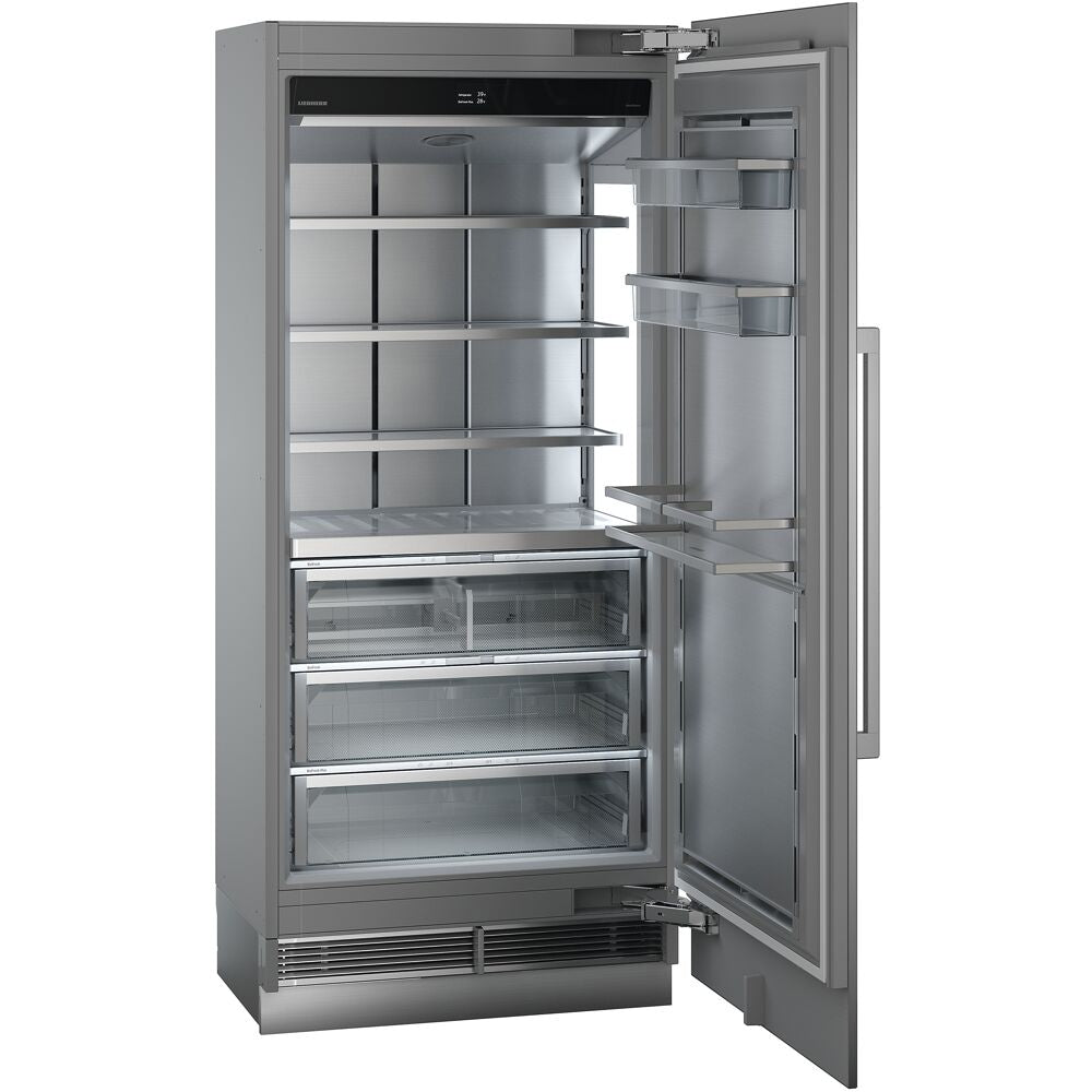 36-inch built-in stainless steel refrigerator with BioFresh drawers, adjustable shelves, and left-hinged door from kitchen appliances collection