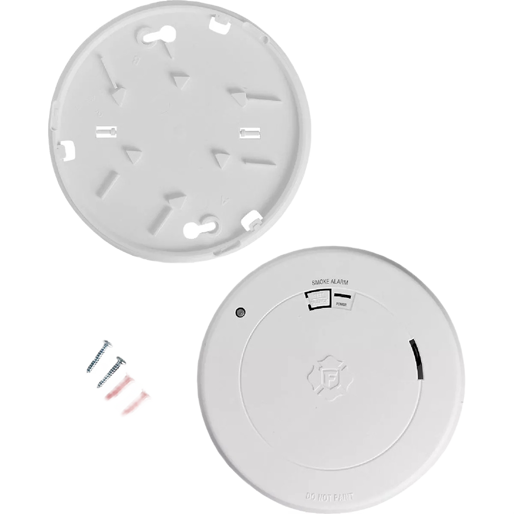 White photoelectric smoke alarm with mounting plate and screws for home safety and improvement projects