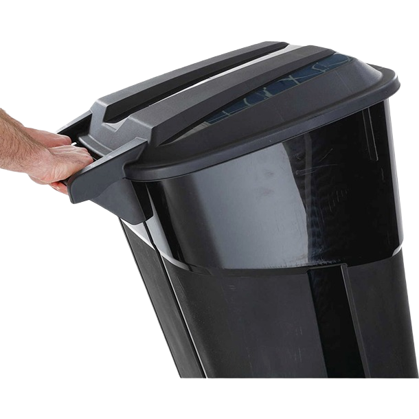 Black wheeled trash can with secure fitted lid for waste management in cleaning and trash basket collections under $50