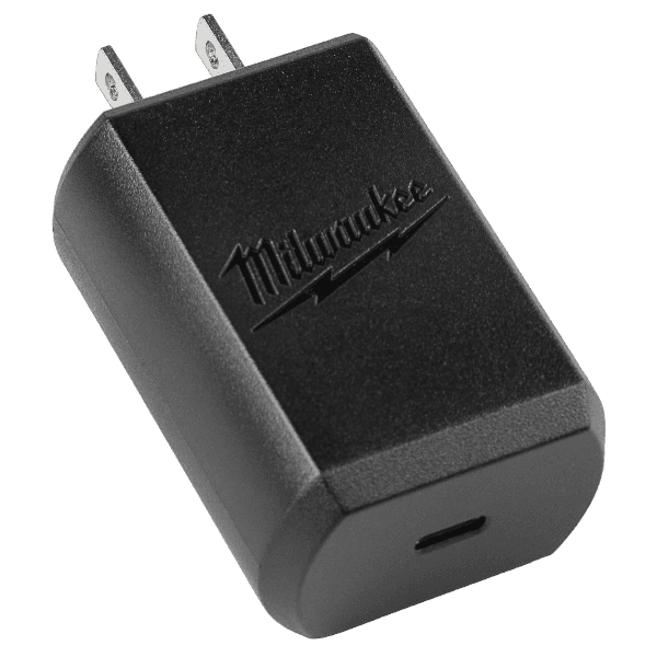 Black Milwaukee branded USB wall charger adapter for portable power in tool accessories and battery charging collections