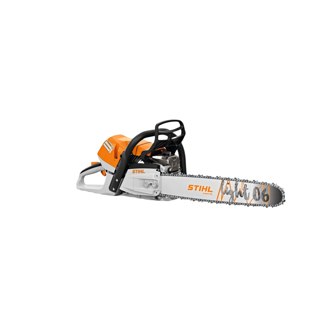 Orange and silver chainsaw with magnesium piston and 20-inch cutting bar for tools and home improvement use