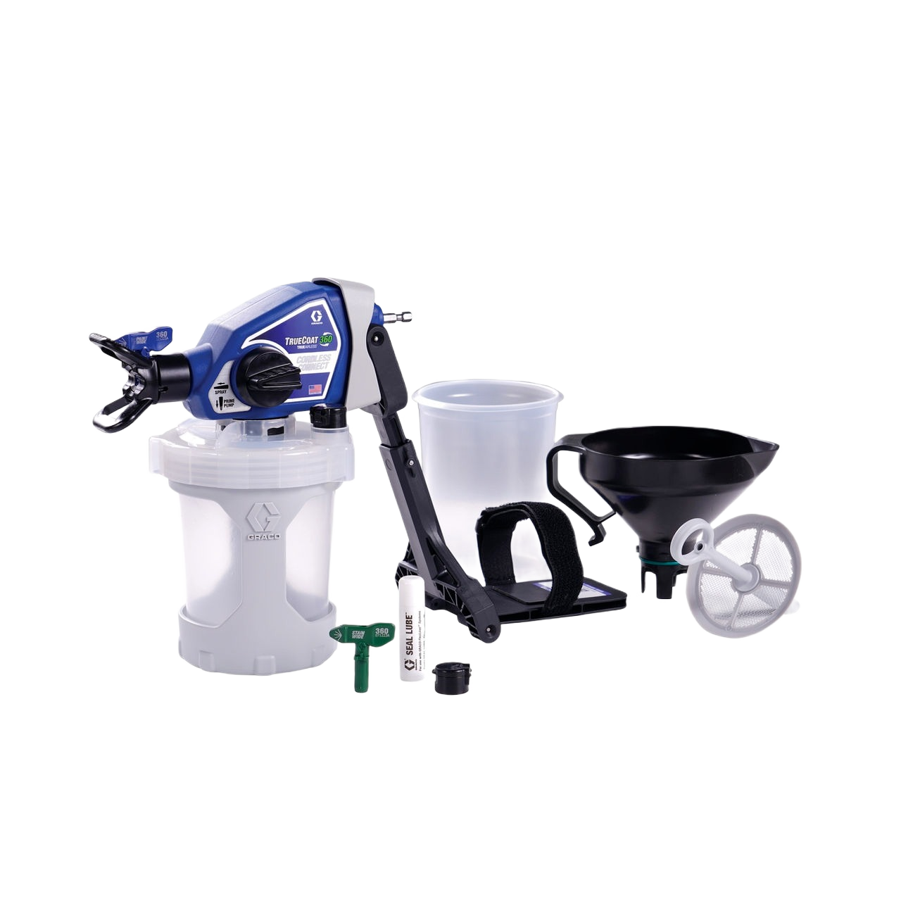 Cordless airless paint sprayer with attachments and containers for paint supplies and home improvement projects