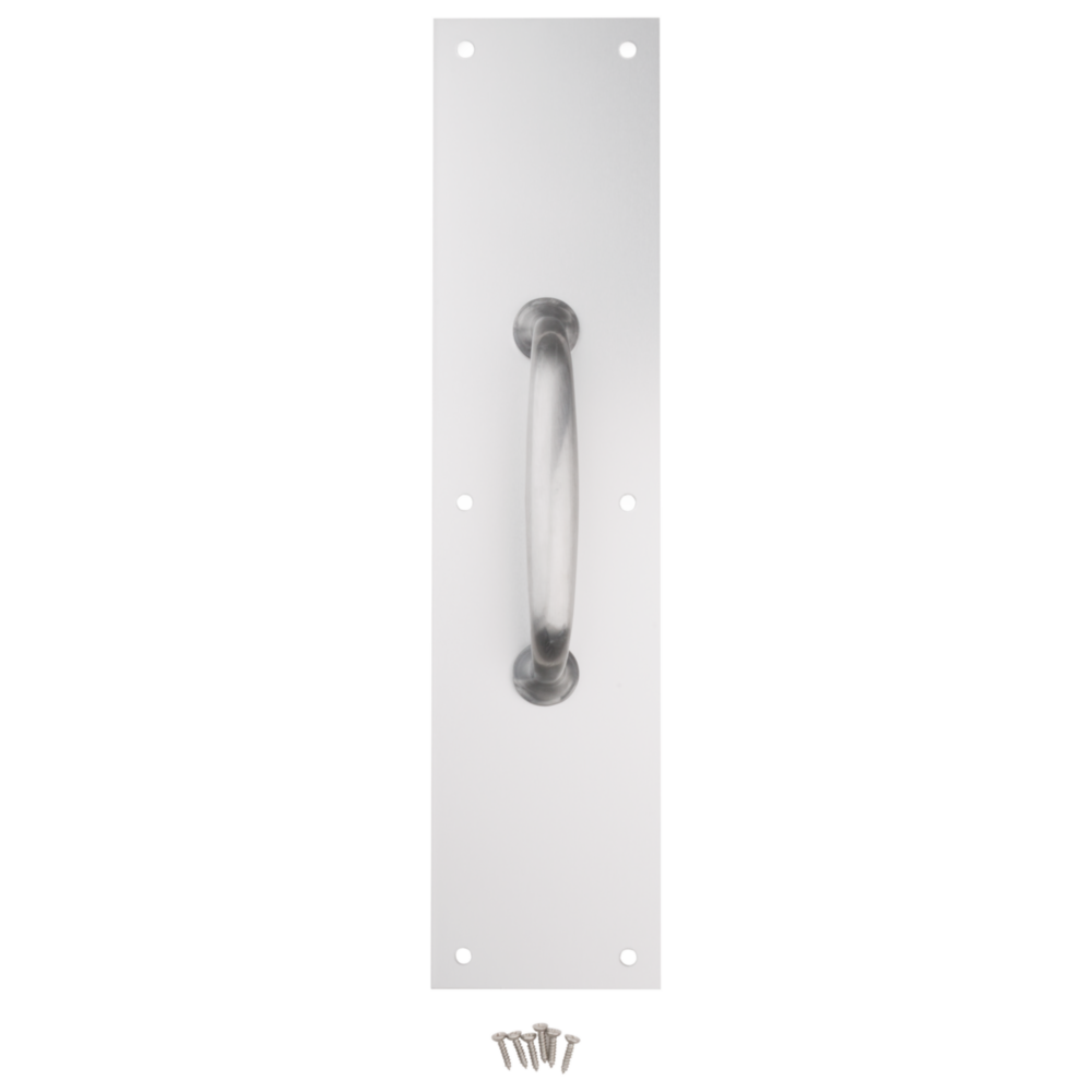 Satin aluminum pull plate with curved handle and mounting screws for door accessories and home improvement projects