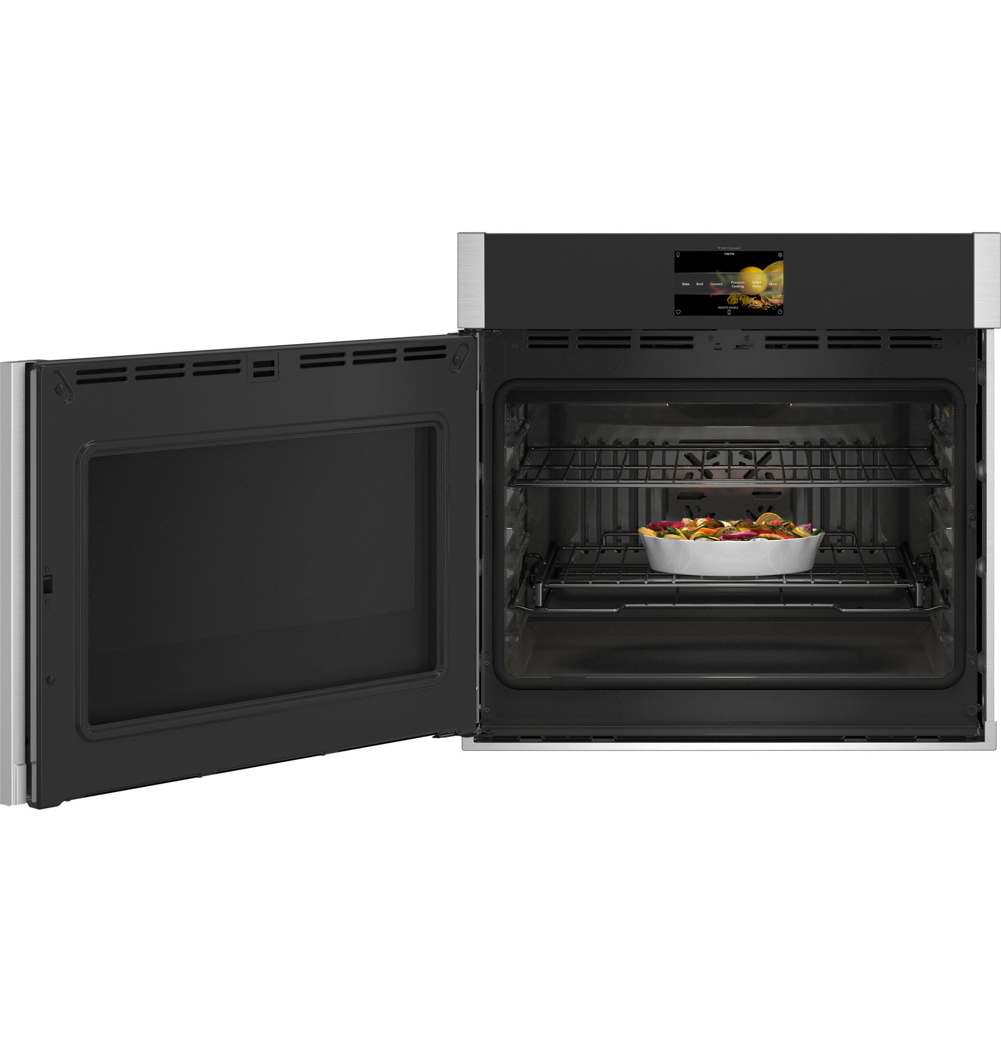 Open GE Profile stainless steel smart built-in convection single wall oven with left-hand side-swing door and digital touchscreen