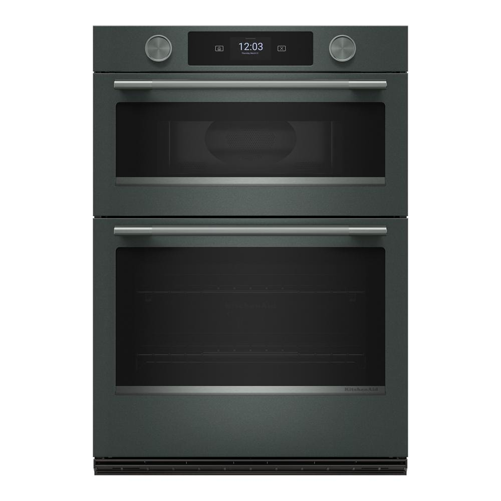 Front view of a sleek 30-inch smart electric combo wall oven in Juniper with dual compartments, stainless steel handles, and digital controls, part of KitchenAid appliances and wall ovens for home improvement.
