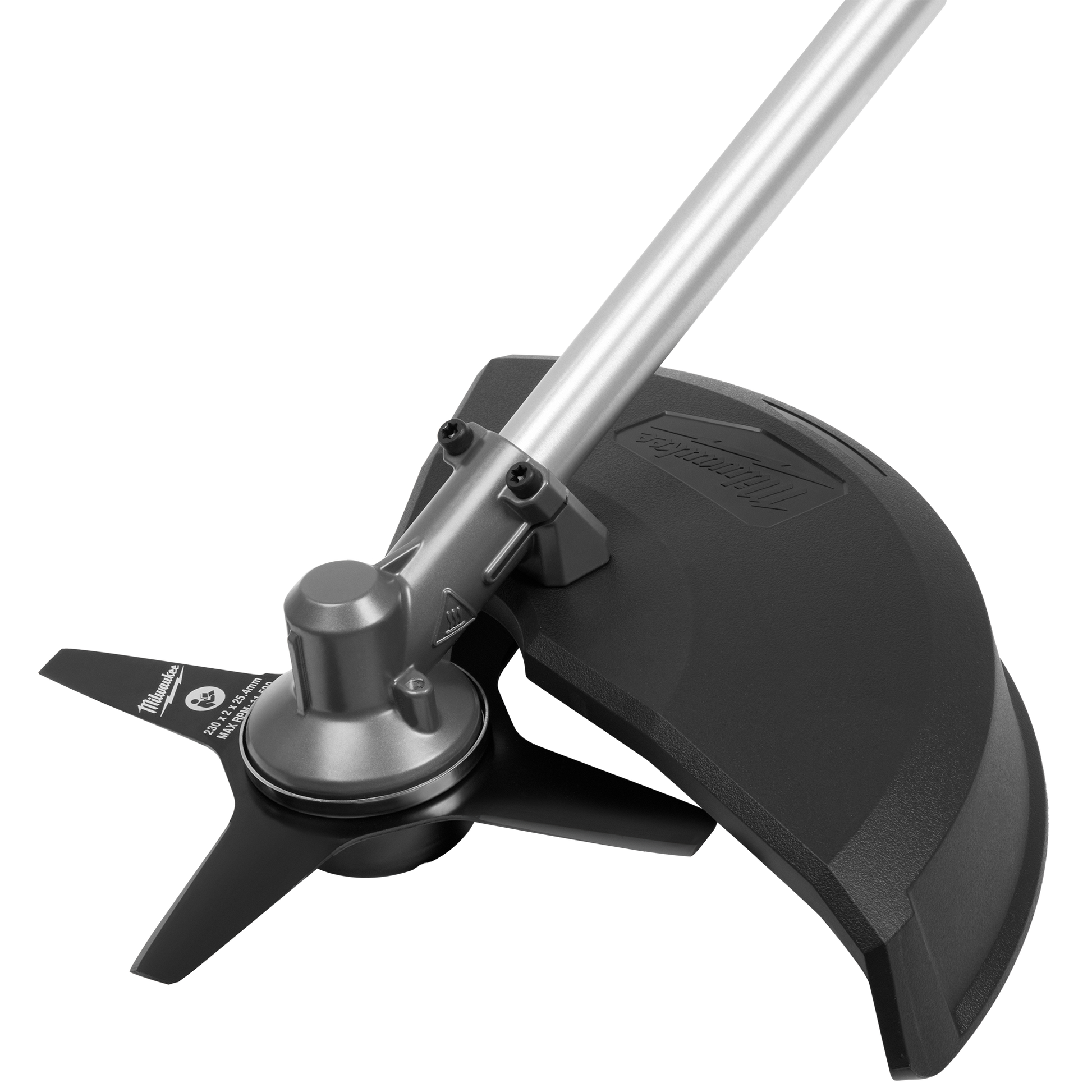 Close-up of metal blade and protective black guard on lightweight brush cutter for tools and home improvement tasks