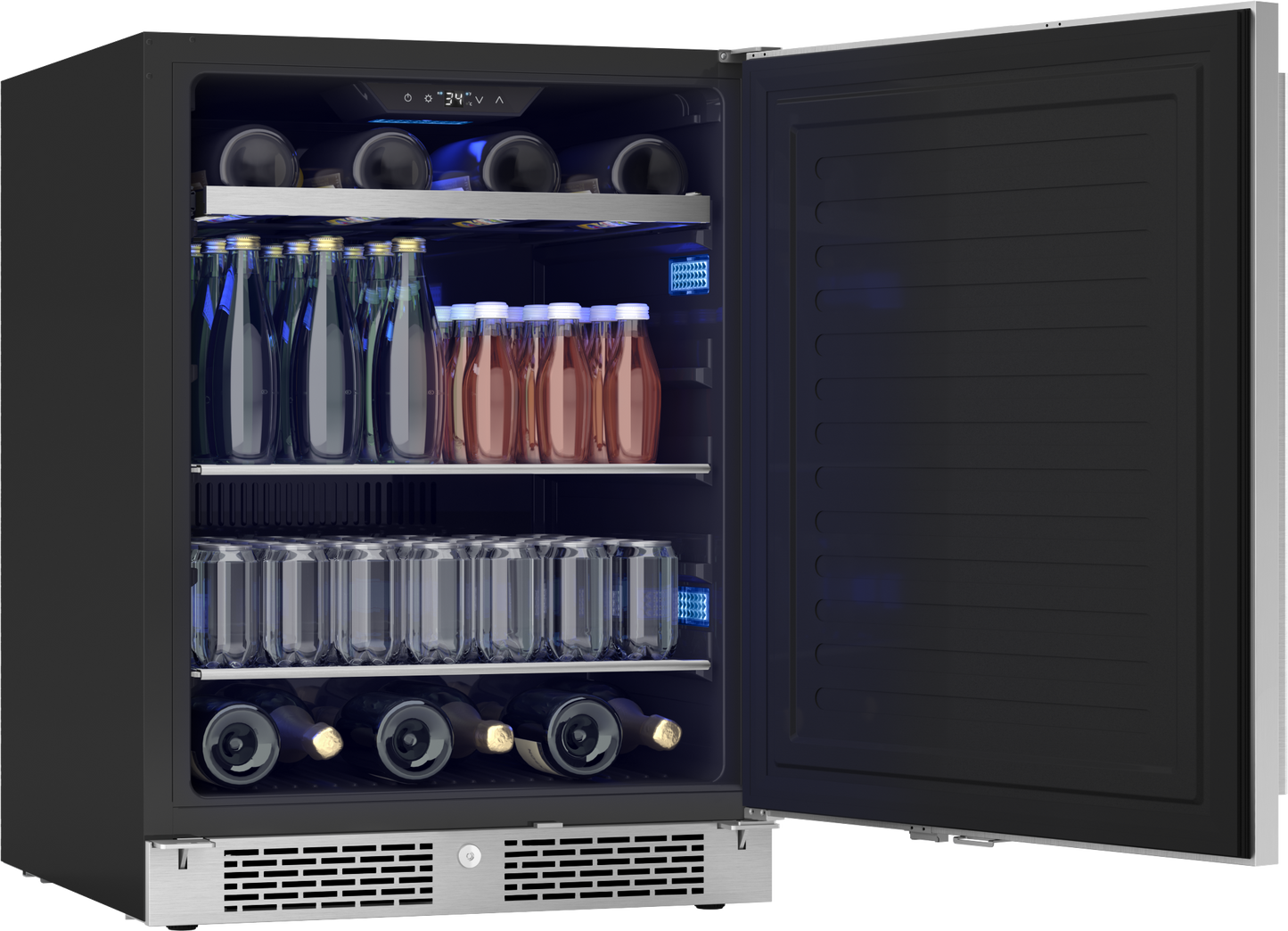 Open beverage center with reversible door, single zone cooling, interior LED lighting, and adjustable shelves from appliances collection
