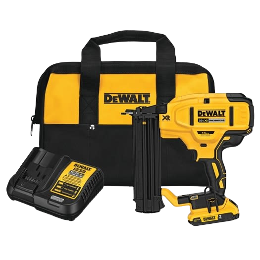 Yellow and black cordless brad nailer kit with charger and carrying bag for tools and home improvement projects