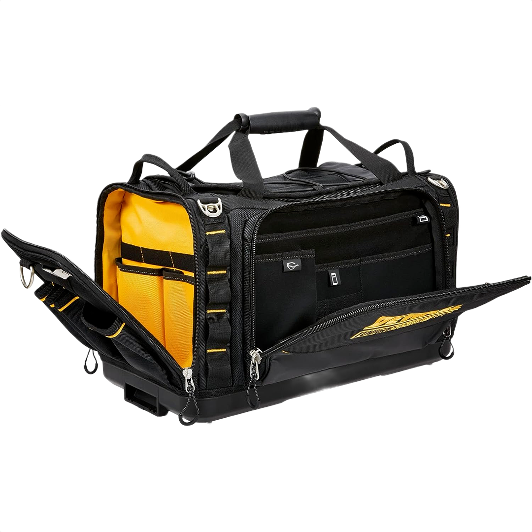 Black and yellow heavy-duty jobsite tool bag with multiple compartments for organized storage in home improvement and woodworking tasks