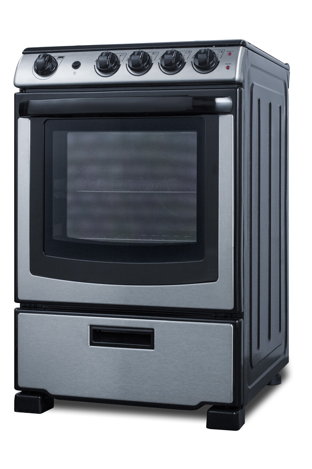 Compact 24-inch electric smooth-top range in stainless steel with front control knobs and large oven window