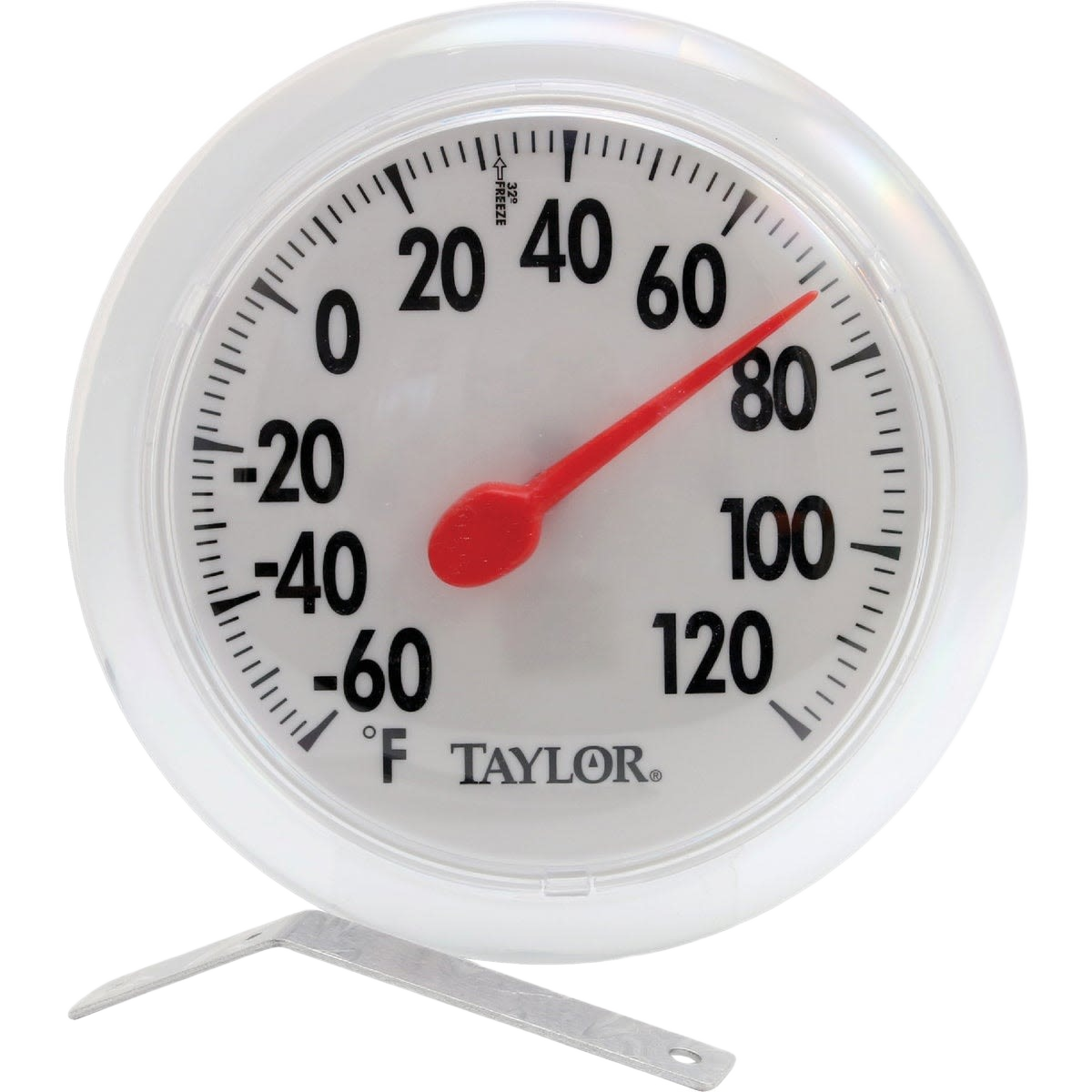 Round outdoor wall thermometer in white casing showing temperature in Fahrenheit from -60 to 120 degrees for outdoor living and lawn care