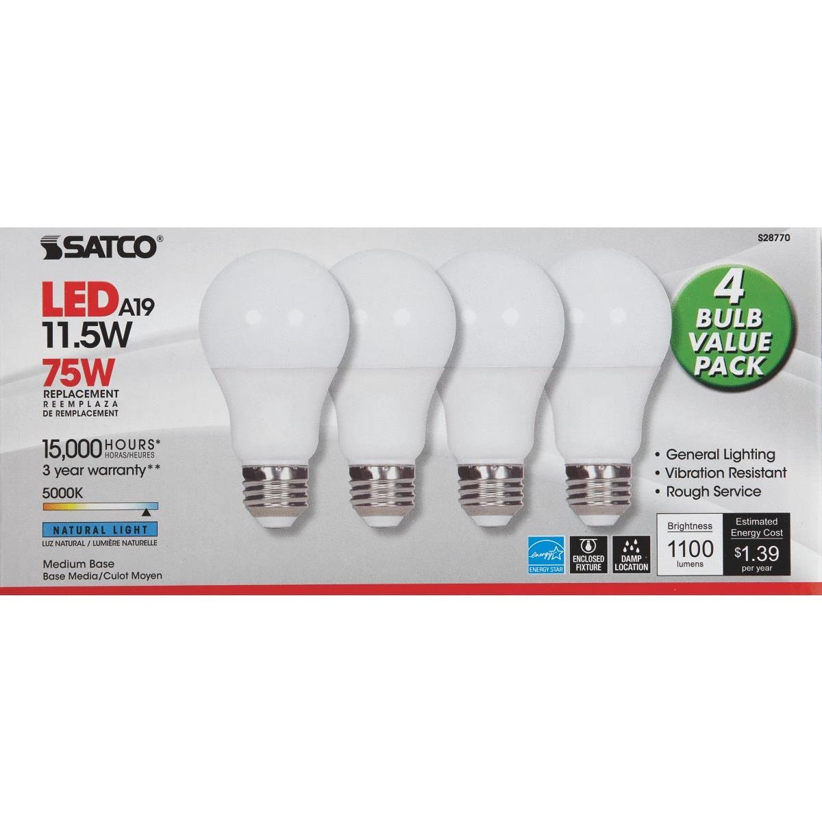 Four-pack of bright 11.5 watt A19 LED bulbs with 5000K natural light for home lighting and ceiling fans