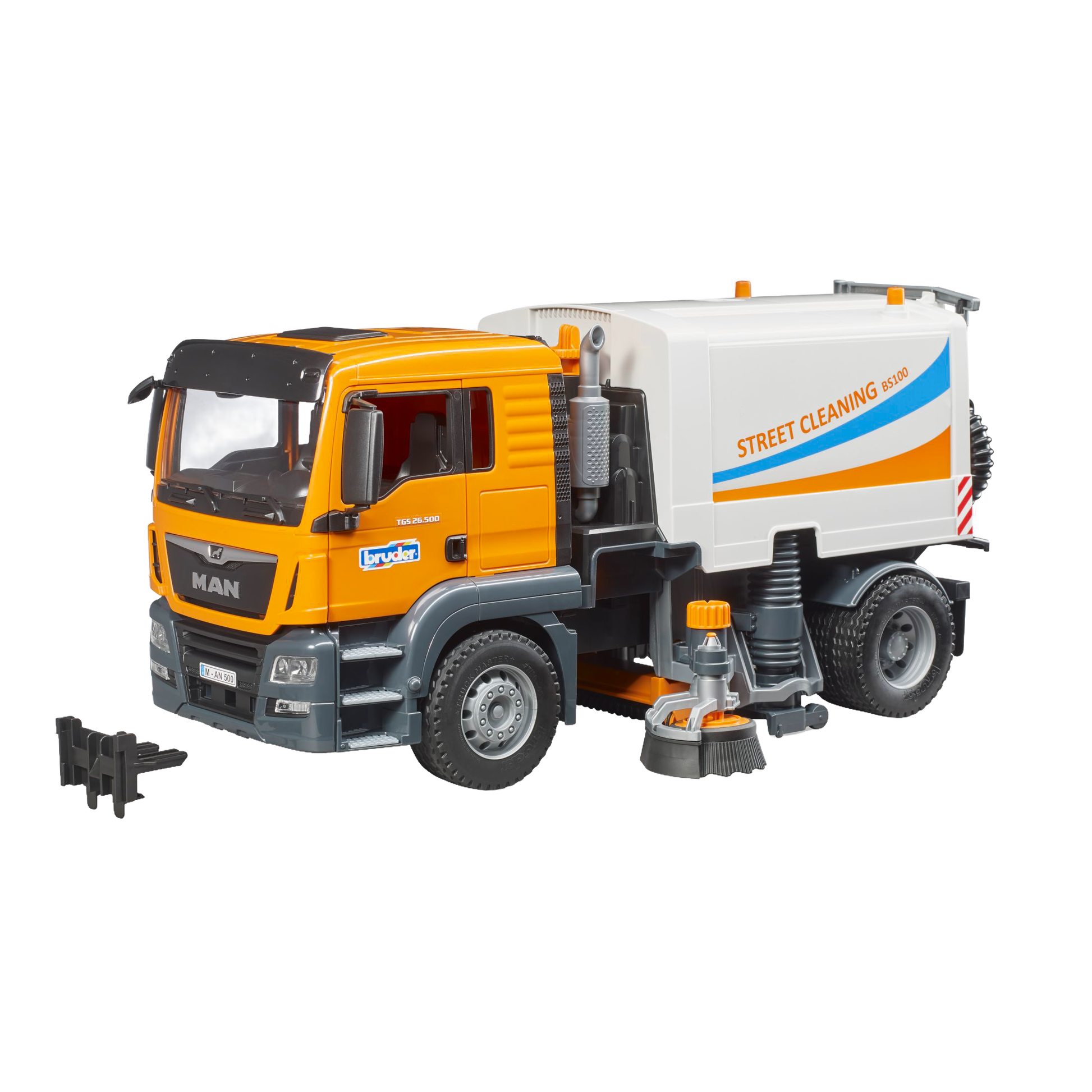 Yellow and white MAN TGS street cleaning truck toy with removable brush attachments from Bruder Toys in Vehicles & Remote Controlled Toys collection
