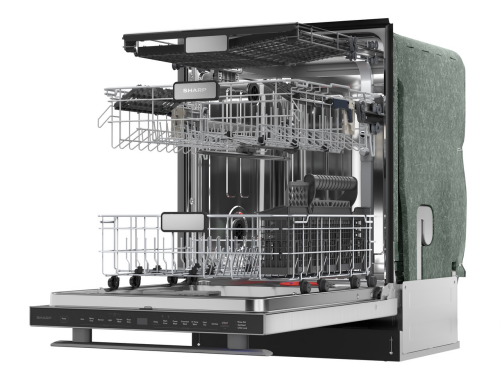 Open stainless steel dishwasher featuring adjustable racks and utensil holders for Kitchen & Kitchenware appliances.