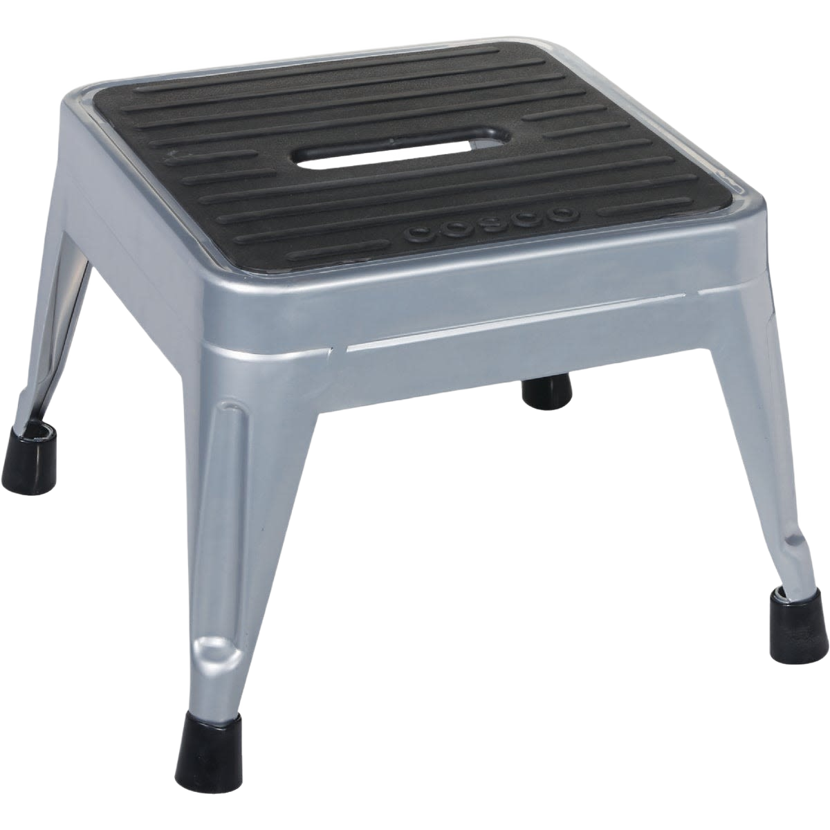 Sturdy metal step stool with black rubber tread and skid-resistant feet for safe use in home improvement and office settings