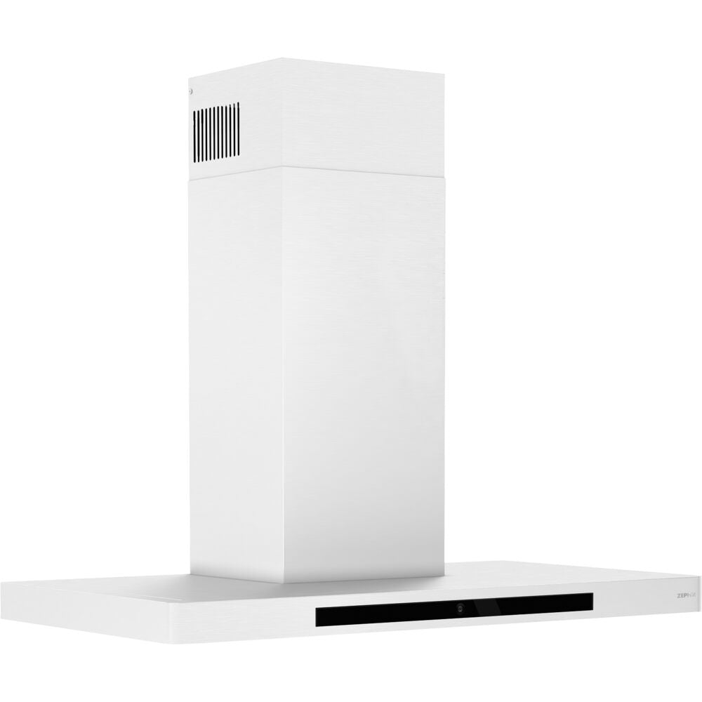 Low-profile white chimney hood with invisible touch controls for efficient kitchen ventilation in Range Hoods collection