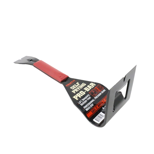 Metal pry bar with angled notches and red grip designed for demolition and home improvement tasks