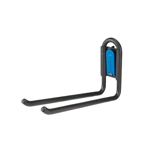 Black metal double hook with locking mechanism designed for versatile storage and organization solutions in garages and dorms