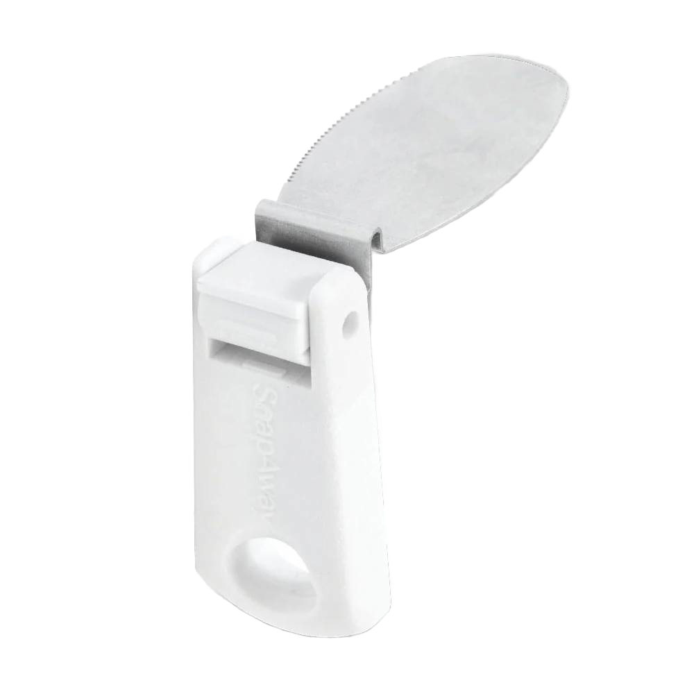 Compact white plastic handle knife with collapsible silver blade, designed for attaching to kitchen tubs under $50.