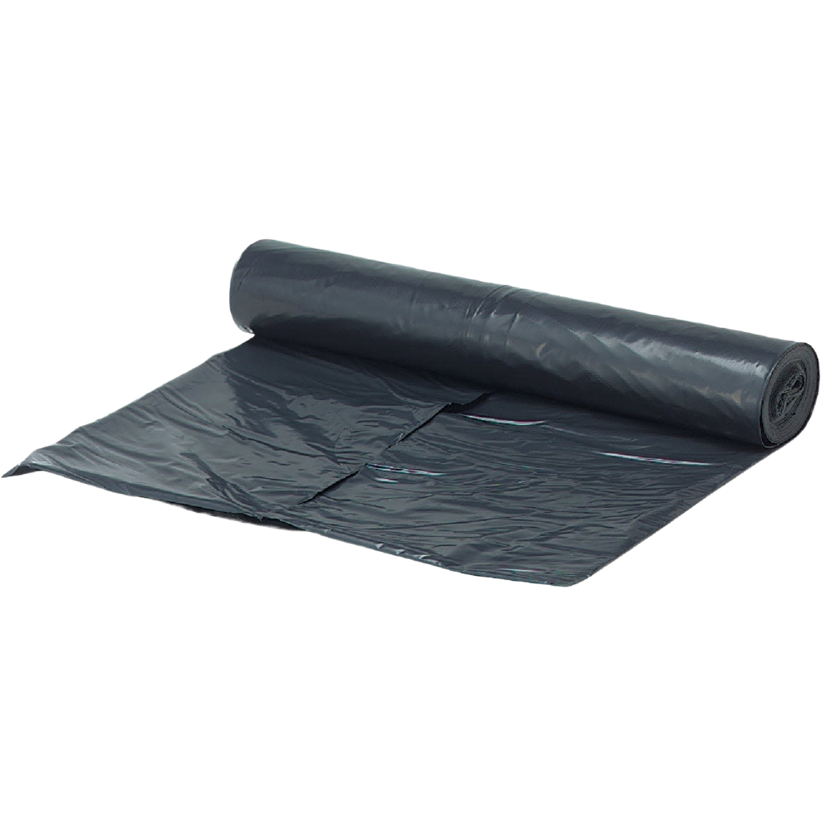 Roll of black polyethylene sheeting partially unrolled for use in home improvement and construction projects