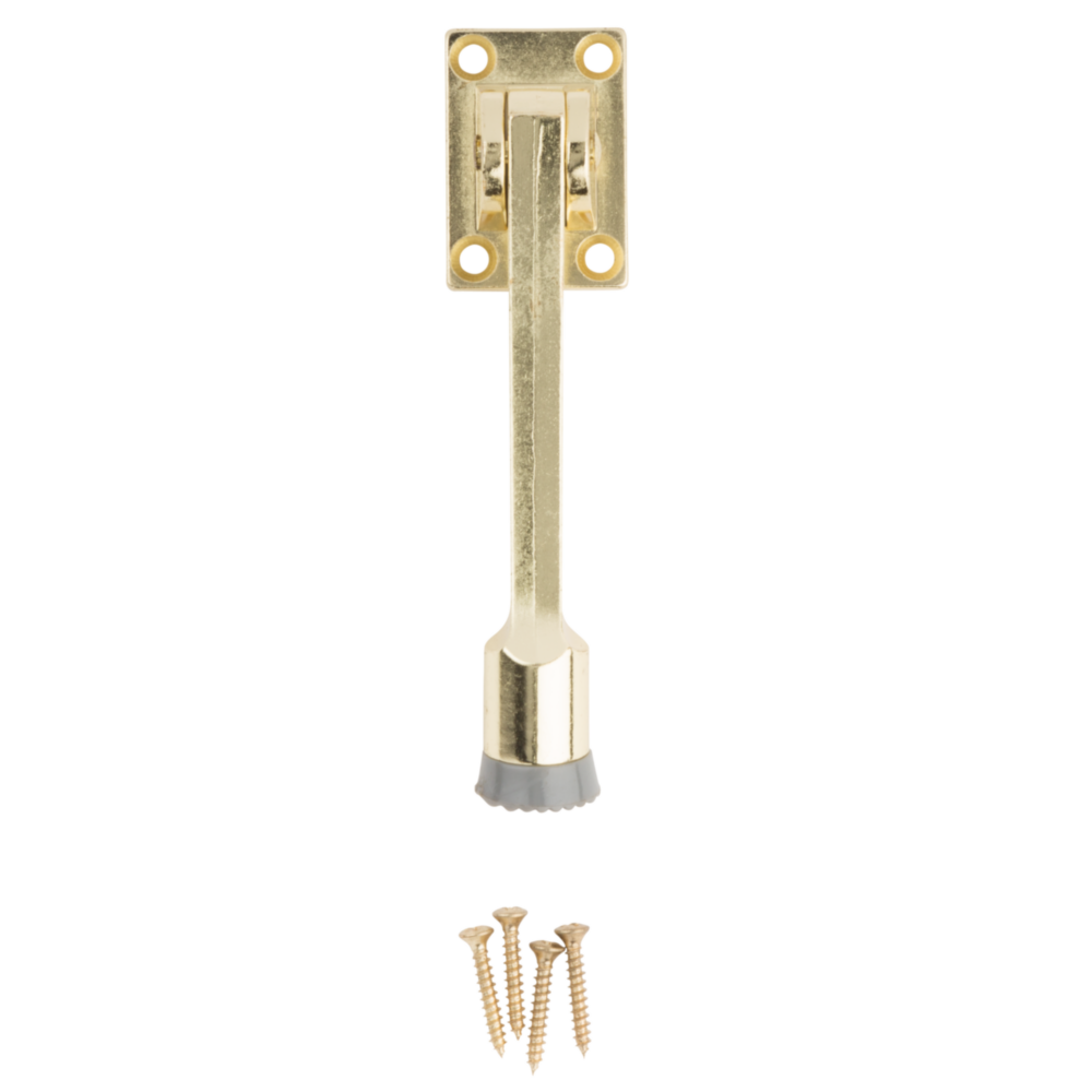Brass kickdown stop with spring mechanism and rubber tip for secure door holding in door accessories and home improvement