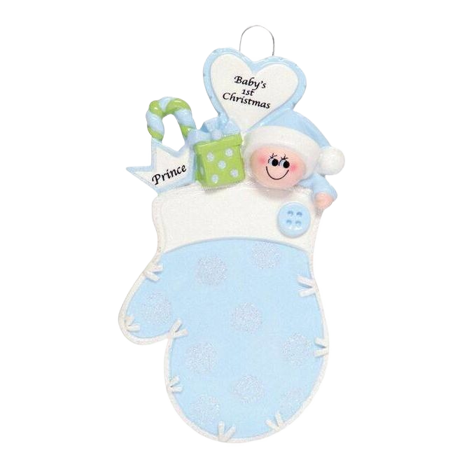 Blue baby mitten Christmas ornament with smiling baby, candy cane, gift, and “Baby’s 1st Christmas” heart tag under $50