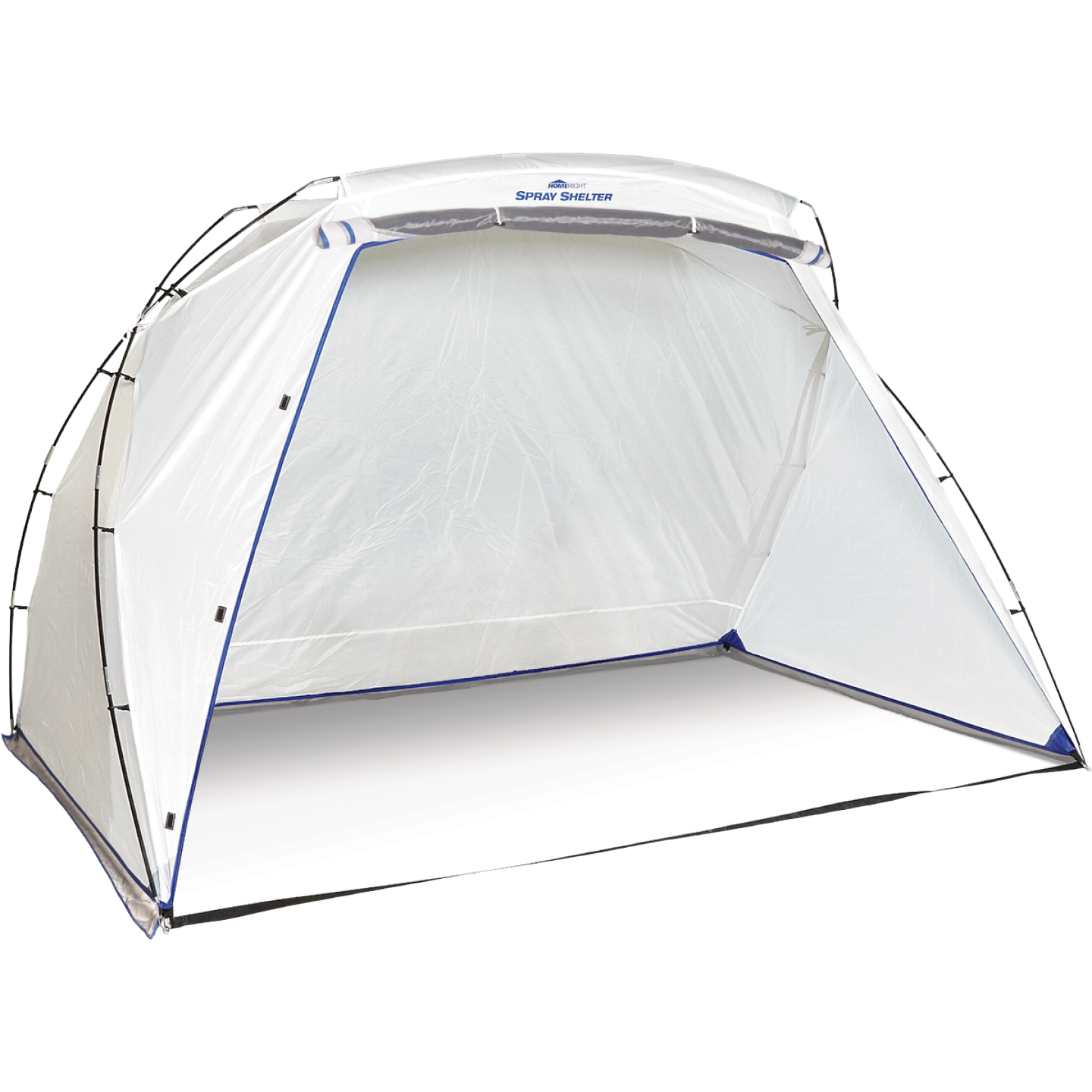 Large white portable spray shelter tent with blue trim for paint sprayers and home improvement projects