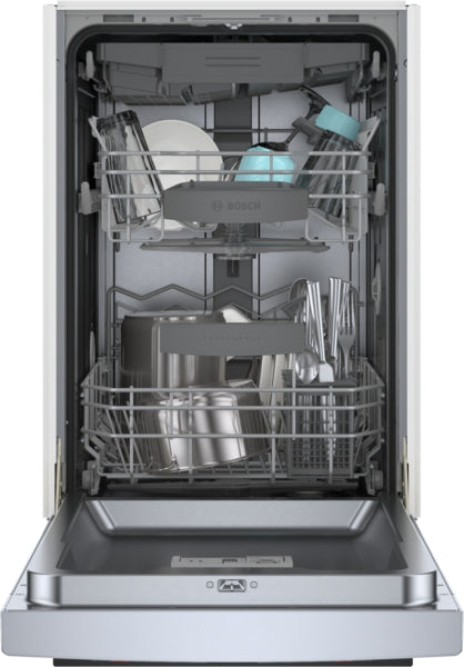 Built-in dishwasher with stainless steel interior racks loaded with dishes and utensils from Bosch Appliances collection