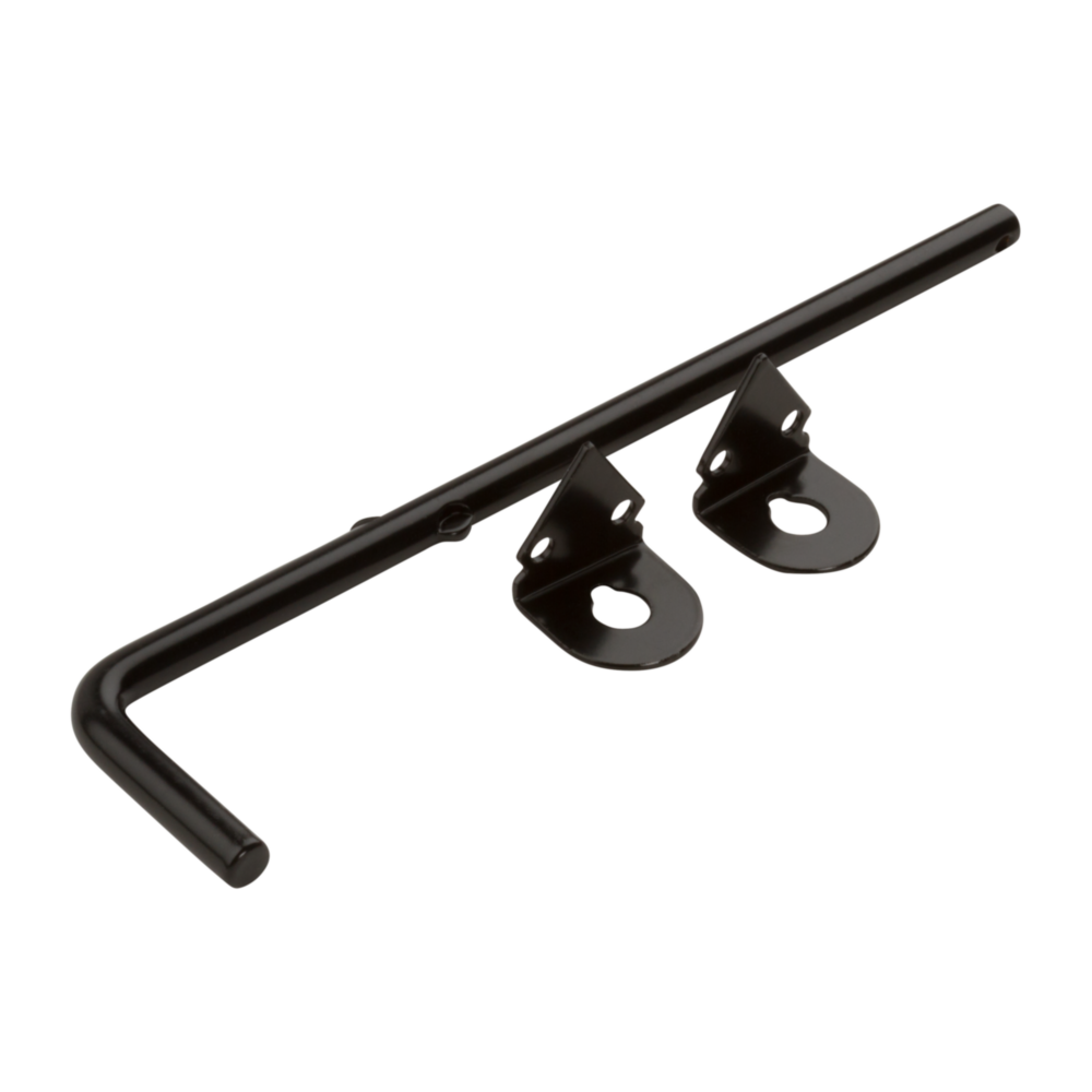Black steel cane bolt with mounting brackets for securing gates and doors in home improvement hardware projects