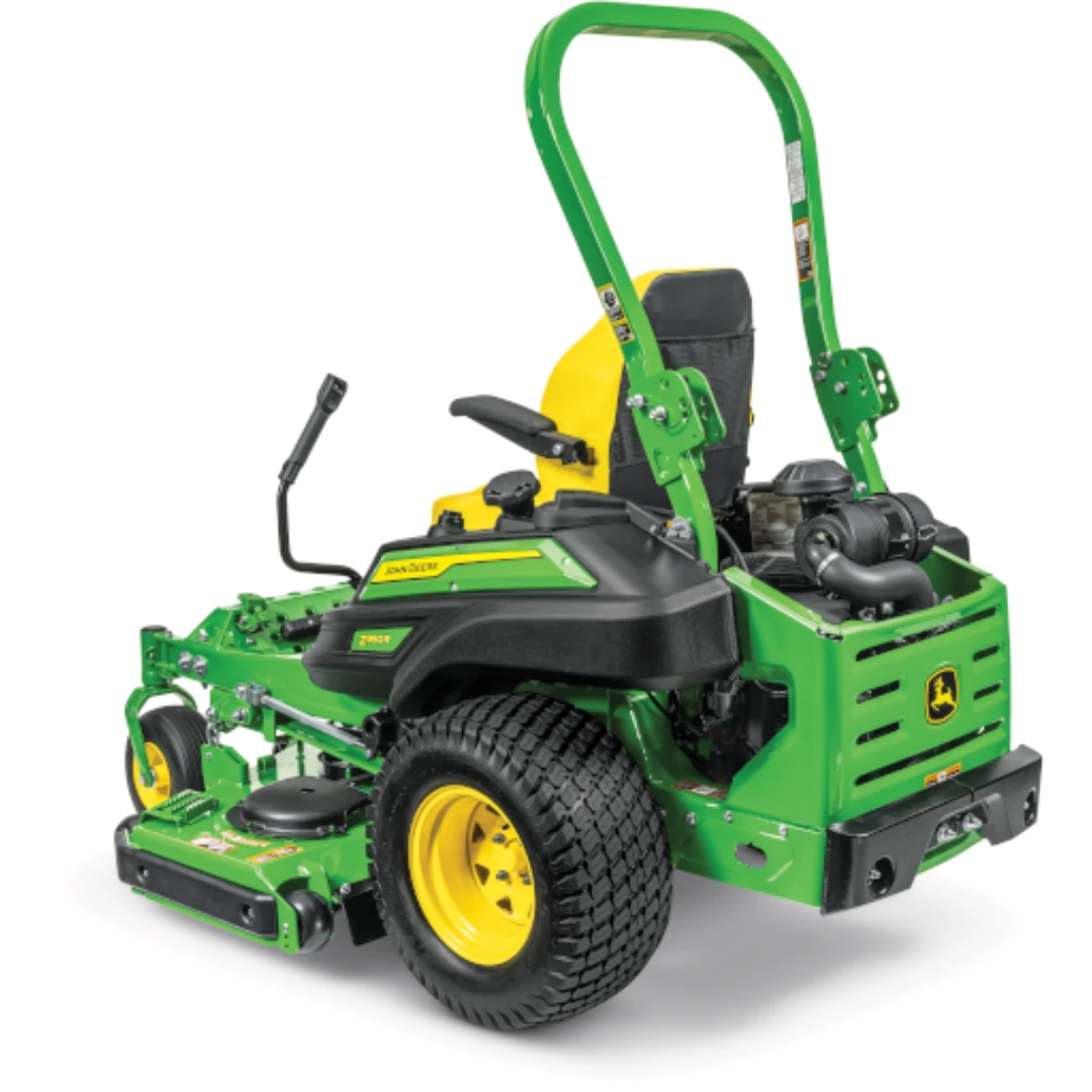 Green and yellow zero-turn mower with 60-inch deck, mulch on demand system, and sturdy rear engine guard for lawn care use