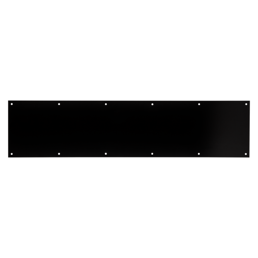 Matte black aluminum door kickplate with pre-drilled holes for protection and stylish hardware in home improvement tools