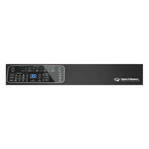 Black control panel for a front load electric dryer with digital display and Speed Queen logo, part of appliance collection