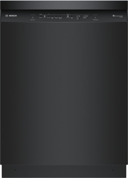 Black 24-inch Bosch dishwasher front panel with control buttons and startup indicators for kitchen appliances