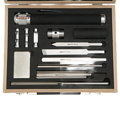 Six-piece woodturning tool set with modular handle and high-speed steel blades in wooden case for woodworking tools collection