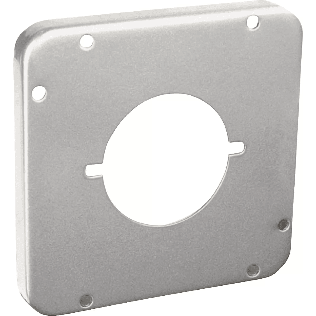 Square metal device cover with circular opening designed for electrical receptacles in home improvement projects