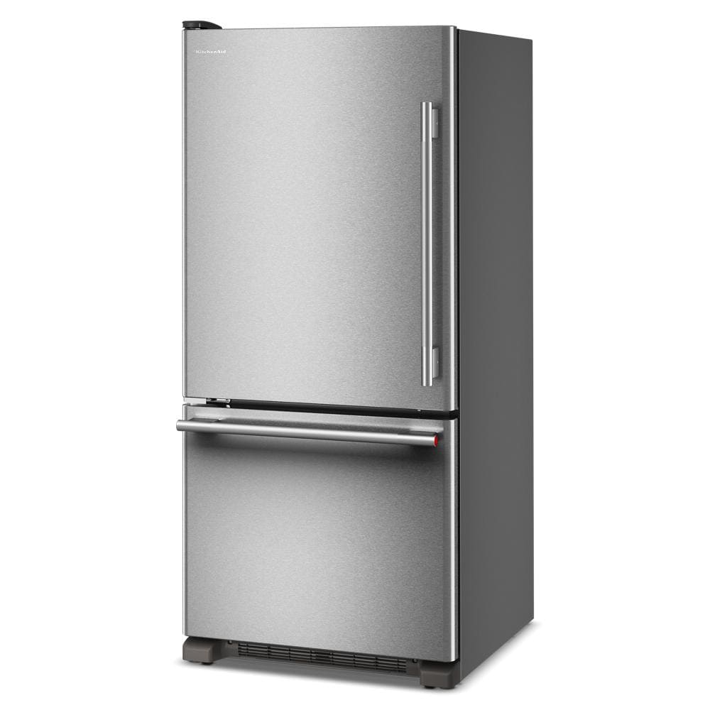 Stainless steel bottom mount refrigerator with left door swing, sleek handle, and modern kitchen appliance design