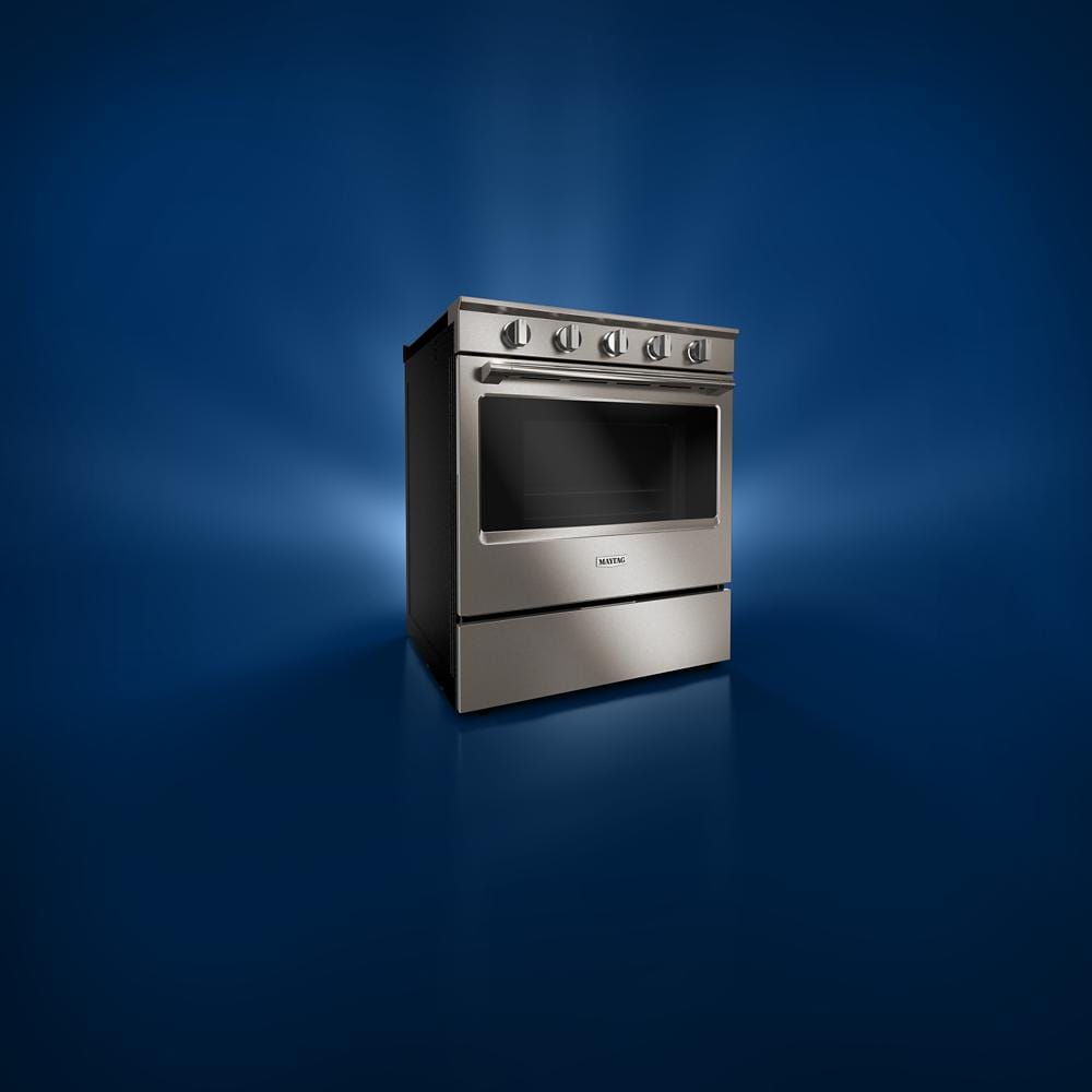 Front view of stainless steel 30-inch slide-in gas range with control knobs and large oven window from Ranges collection