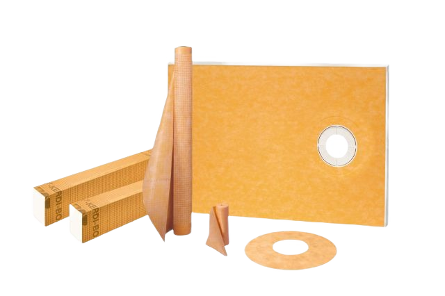 Waterproof Schluter KERDI shower kit components for bathroom tile flooring and shower base installation.