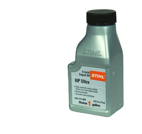 Gray synthetic oil bottle designed for 2-cycle engines, suitable for tools and home improvement use