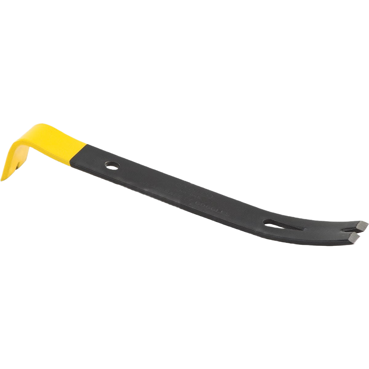 Black and yellow pry bar with curved claw and flat end designed for home improvement and demolition tasks