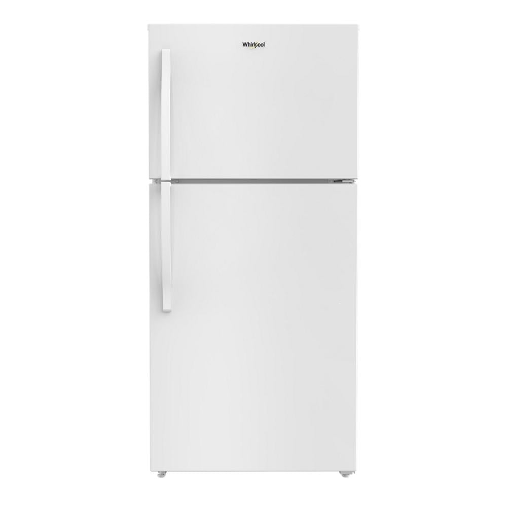 White top freezer refrigerator with vertical handles, suitable for kitchen and appliances collection.