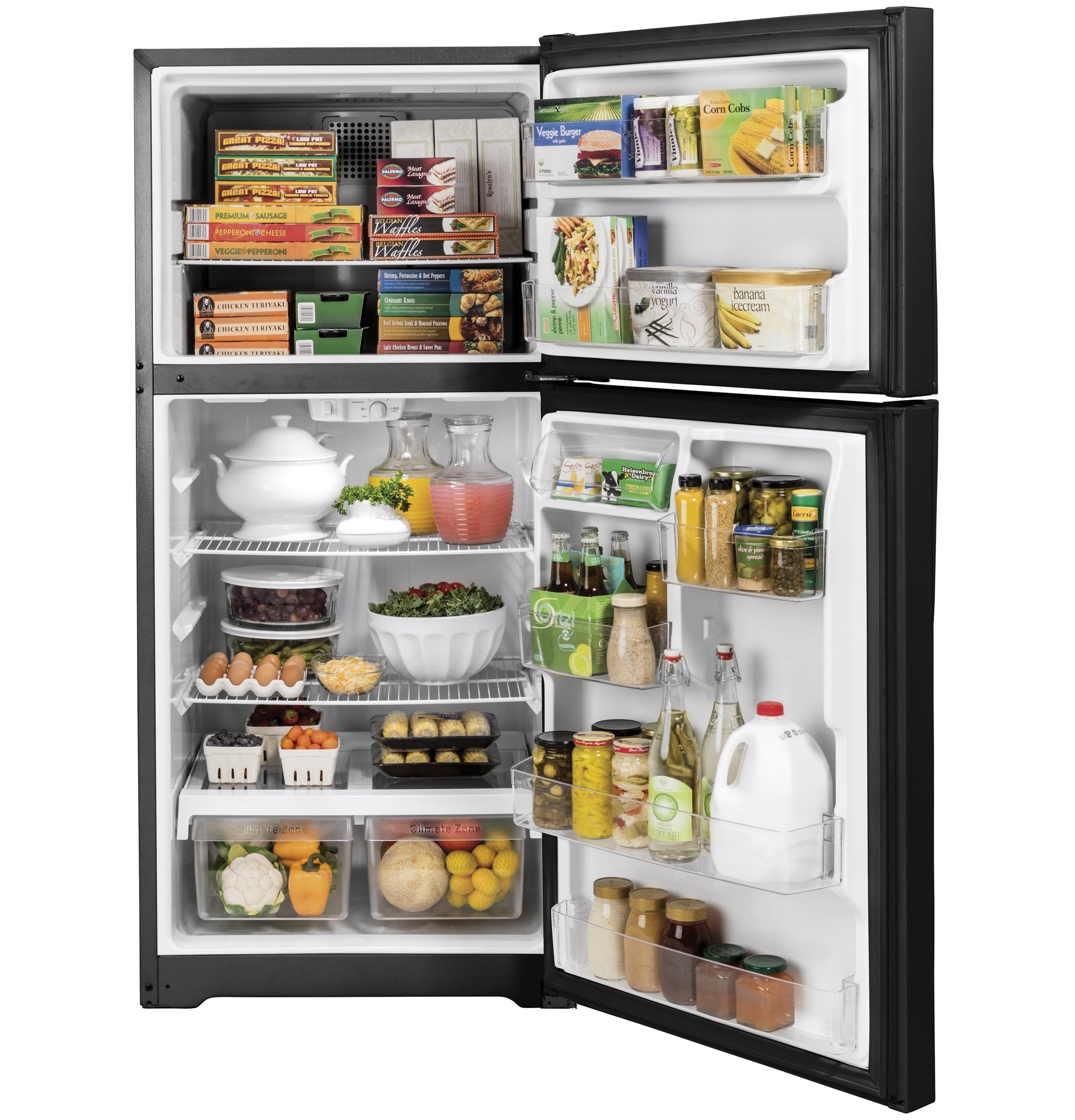 Open black top-freezer refrigerator with organized shelves and fresh food in appliances and kitchenware collection