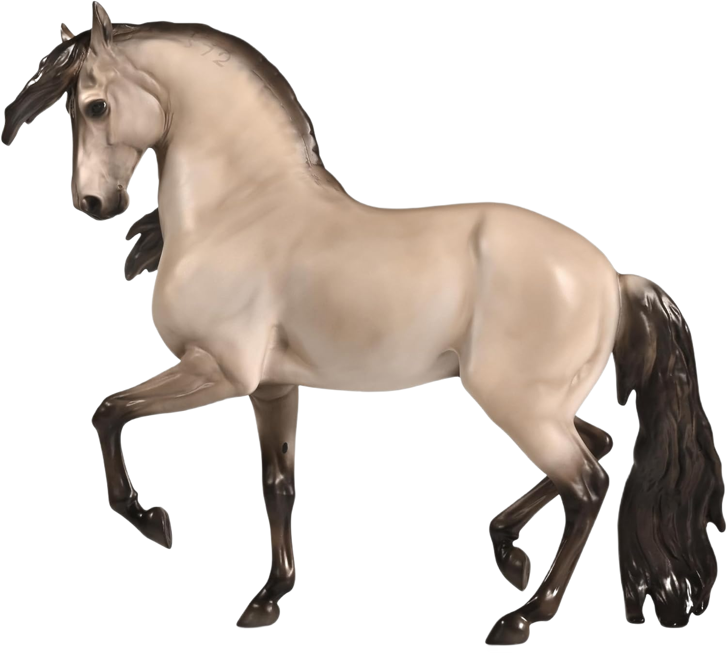 Detailed model horse in mid-stride pose with cream coat and dark mane and tail from Breyer Toys collection