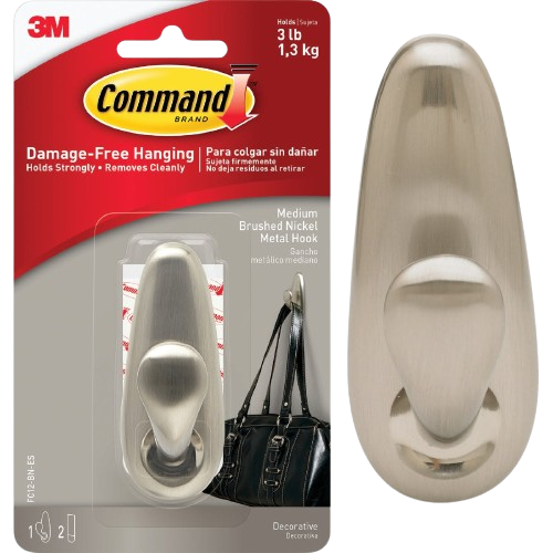 Brushed nickel adhesive wall hook with 3 lb weight capacity for damage-free hanging in hardware and fasteners collection