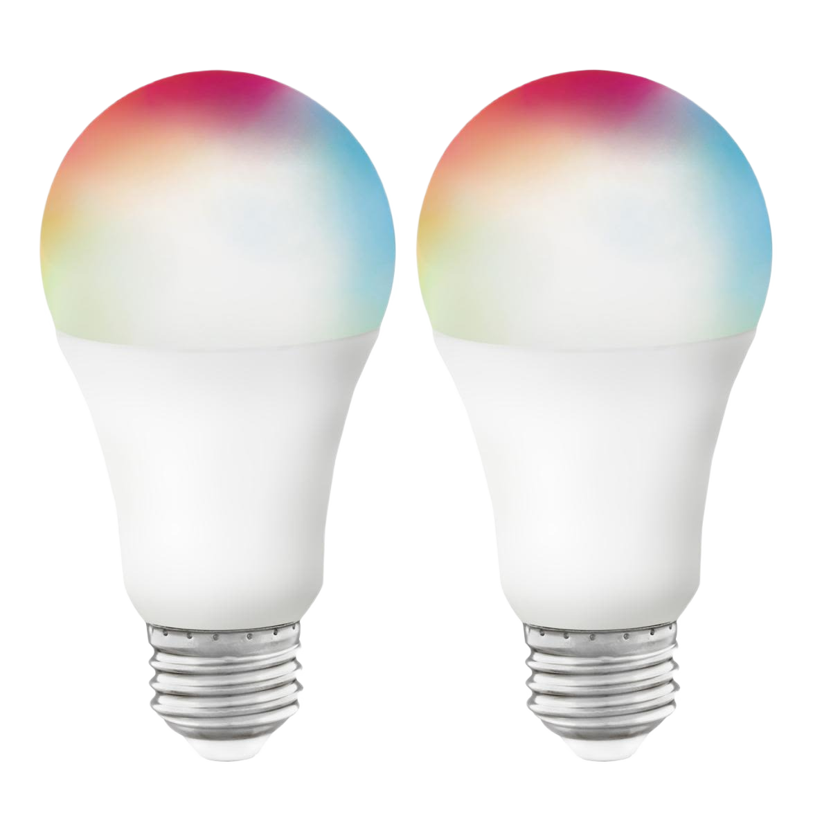 Two white LED smart bulbs with multicolor tops for color-changing lighting and home improvement projects under $50