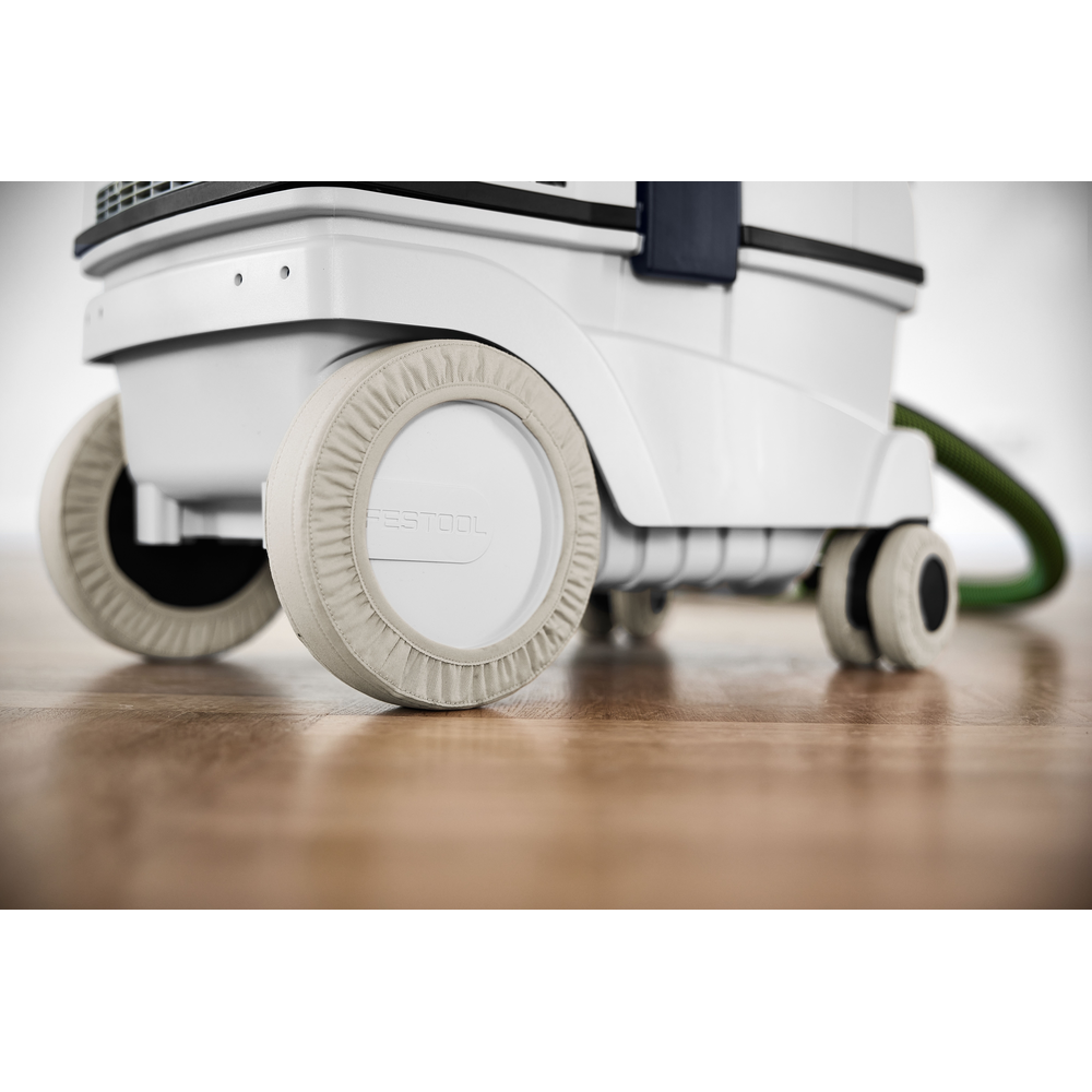 Set of textile covers protecting floors from abrasion on dust extractor wheels in woodworking tools and dust management category.