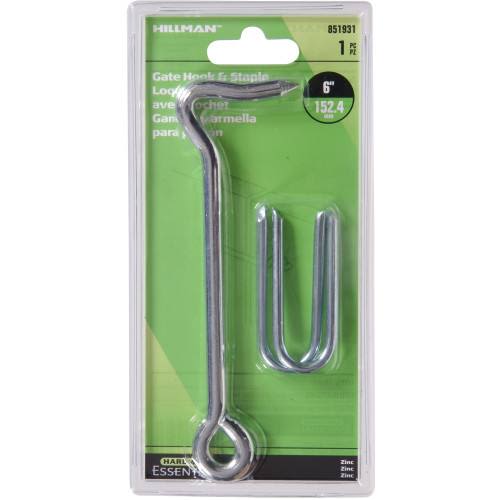 Zinc-plated 6-inch heavy-duty gate hook with wire staple for securing doors in hardware and fasteners collections