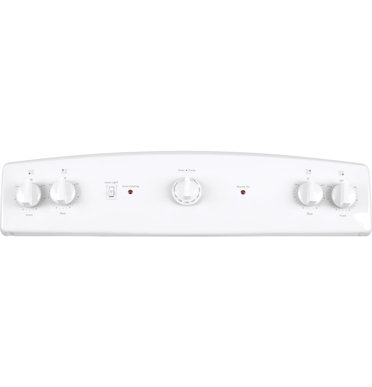 White control panel with five white knobs and indicator lights for electric range settings in kitchen appliances collection