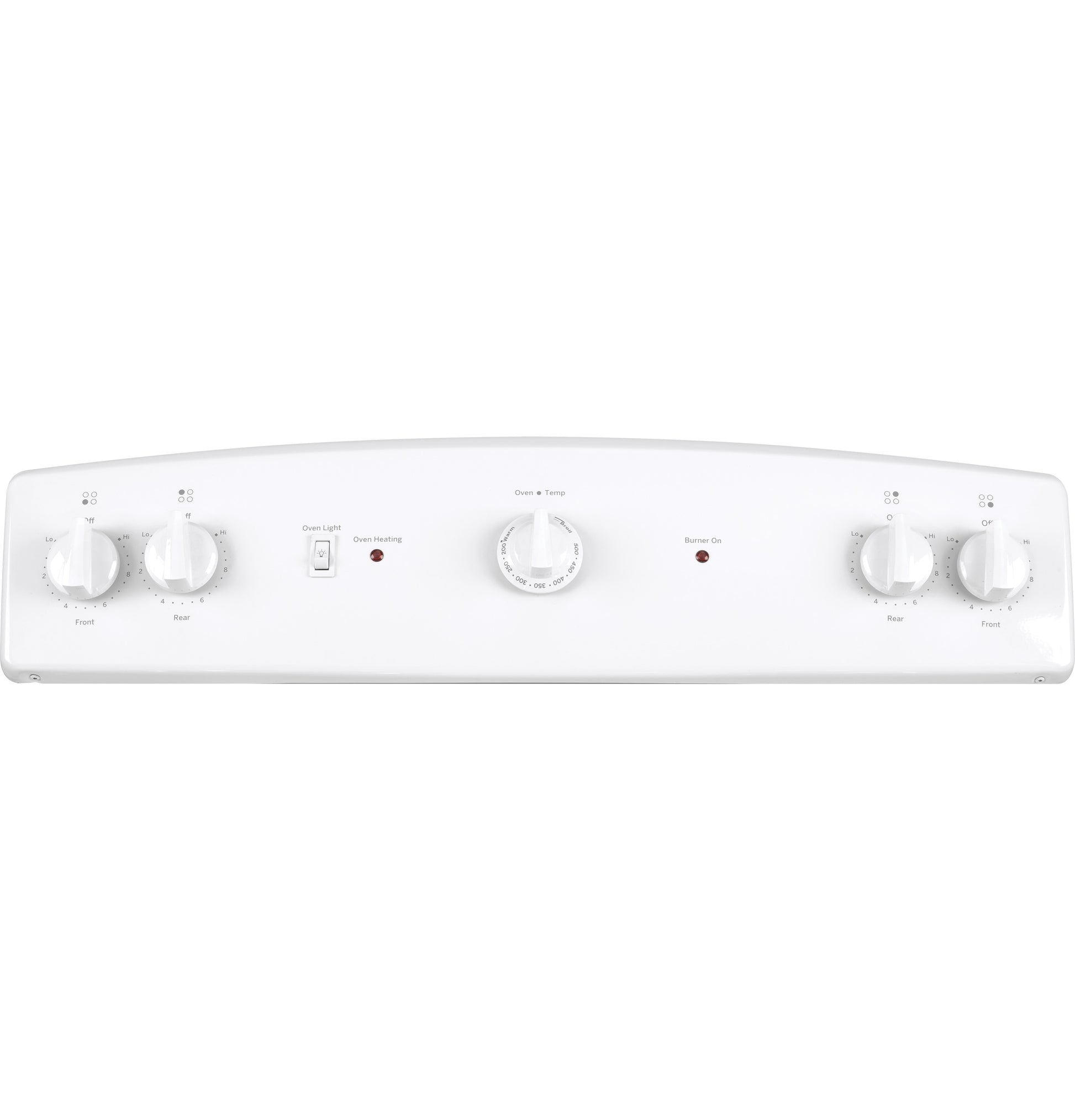 White control panel with five white knobs and indicator lights for electric range settings in kitchen appliances collection